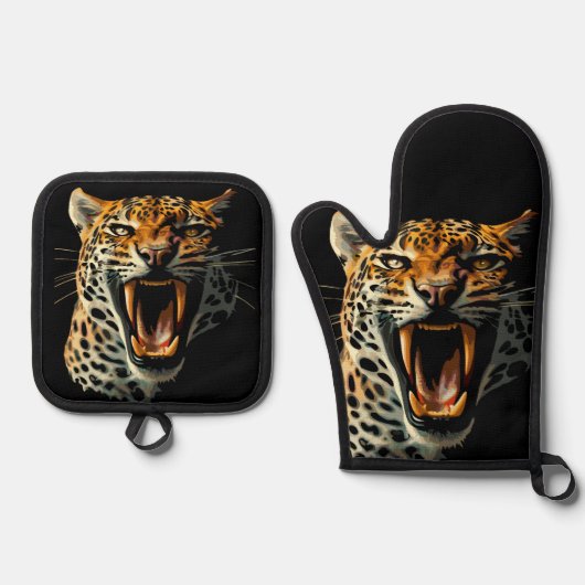 ヒョウの轟音による攻撃頭部 鍋つかみ&鍋敷きセット (正面)