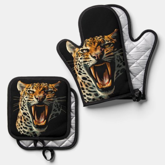 ヒョウの轟音による攻撃頭部 鍋つかみ&鍋敷きセット (正面/裏面)