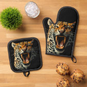 ヒョウの轟音による攻撃頭部 鍋つかみ&鍋敷きセット (トップダウン)