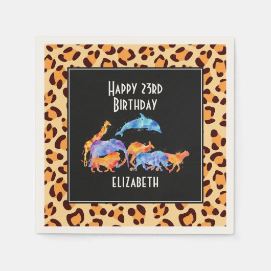 ヒョウの野生動物のプリントパターン誕生日 スタンダードカクテルナプキン (正面)