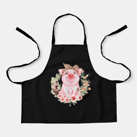 ヒョウの鉢巻きの花かわいい豚 エプロン (正面)