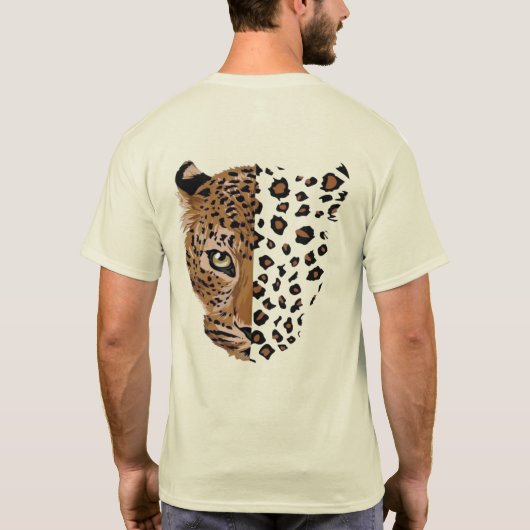 ヒョウの顔とプリントの分割Tシャツ | 野性動物  Tシャツ (裏面)