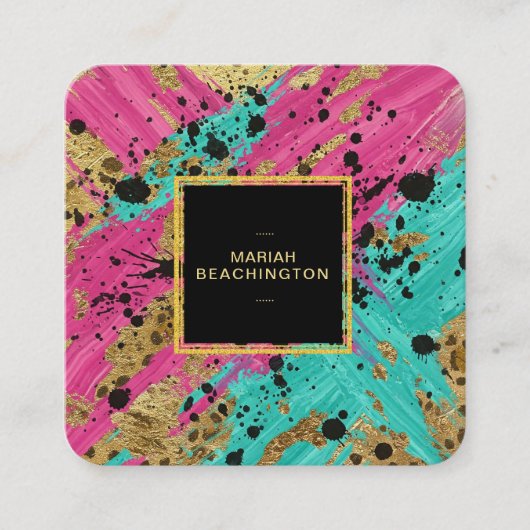 **ヒョウはっきりした抽象芸術動物ネオン金ゴールドAP93 スクエア名刺 (正面)