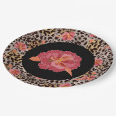 ヒョウアニマルプリントとピンクの花オンブラック ペーパープレート (アングル)