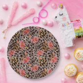 ヒョウアニマルプリントとピンクの花 ペーパープレート (パーティー)
