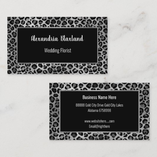 ヒョウアニマルプリントシルバーブラック名刺 名刺 (正面/裏面)