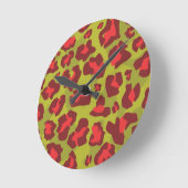 ヒョウアニマルプリント模様（赤、オリーブ緑） ラウンド壁時計 (傾斜)