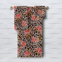 ヒョウアニマルプリント花柄 バスタオルセット