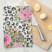 ヒョウエレガントプリントおよびフローラデザイン キッチンタオル (四つ折り)