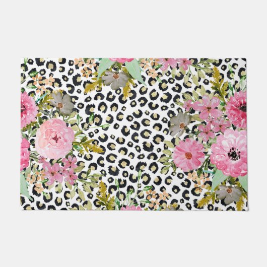 ヒョウエレガントプリントおよびフローラデザイン ドアマット (正面)