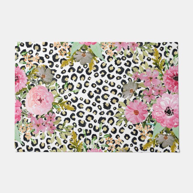 ヒョウエレガントプリントおよびフローラデザイン ドアマット (正面)