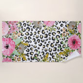 ヒョウエレガントプリントおよびフローラデザイン ビーチタオル (正面)