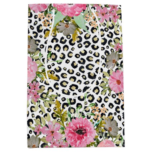 ヒョウエレガントプリントおよびフローラデザイン ミディアムペーパーバッグ (正面)