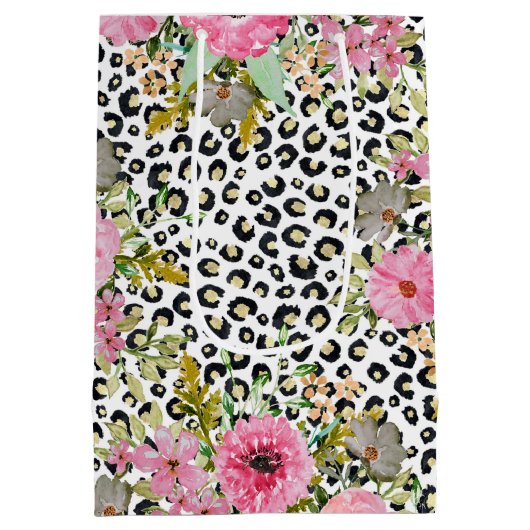 ヒョウエレガントプリントおよびフローラデザイン ミディアムペーパーバッグ (裏面)
