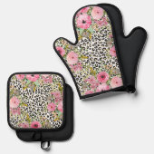 ヒョウエレガントプリントおよびフローラデザイン 鍋つかみ&鍋敷きセット (正面/裏面)