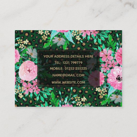 ヒョウエレガントプリントピンクフローラグリーンデザイン 名刺 (裏面)