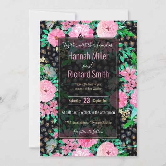 ヒョウエレガントプリント&ピンクフローラブラックデザイン 招待状 (正面)