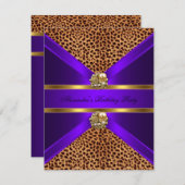 ヒョウエレガント動物紫金ゴールドブラック誕生日 招待状 (正面/裏面)