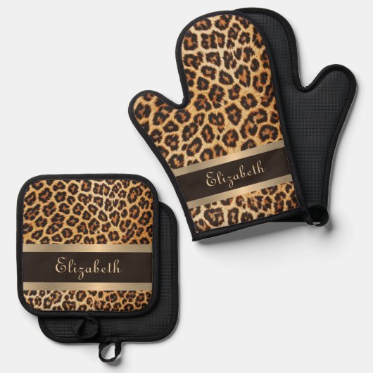 ヒョウエレガント型ブラウンと金ゴールドストライプ名 鍋つかみ&鍋敷きセット (正面/裏面)
