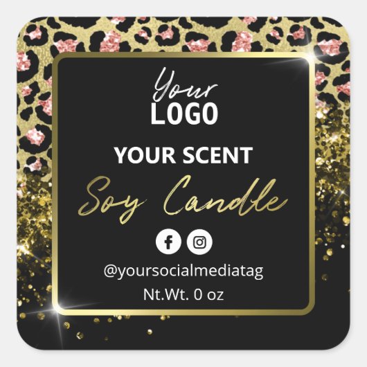 ヒョウエレガント皮金ゴールドグリッター大豆キャンドルラベル スクエアシール (正面)