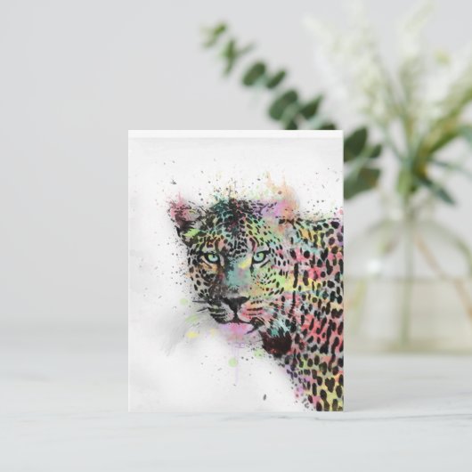 ヒョウカッコいい動物用水彩（ばちゃばちゃ）跳ねる絵を描 ポストカード (スタンド正面)