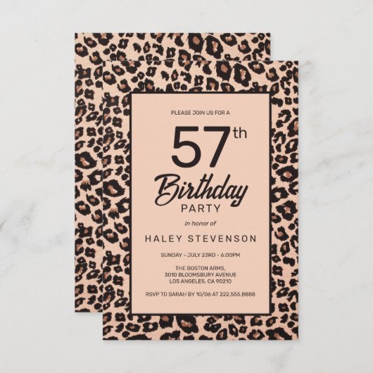 ヒョウスタイリッシュアニマルプリントトレンディー57番目誕生日 招待状 (正面/裏面)