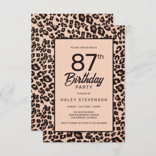 ヒョウスタイリッシュアニマルプリントトレンディー87番目誕生日 招待状 (正面/裏面)