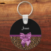 ヒョウスタイリッシュプリエレガントパープルボウと名前 キーホルダー (正面)