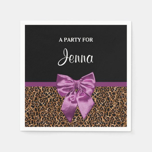 ヒョウスタイリッシュプリエレガントパープルボウと名前 スタンダードカクテルナプキン (正面)