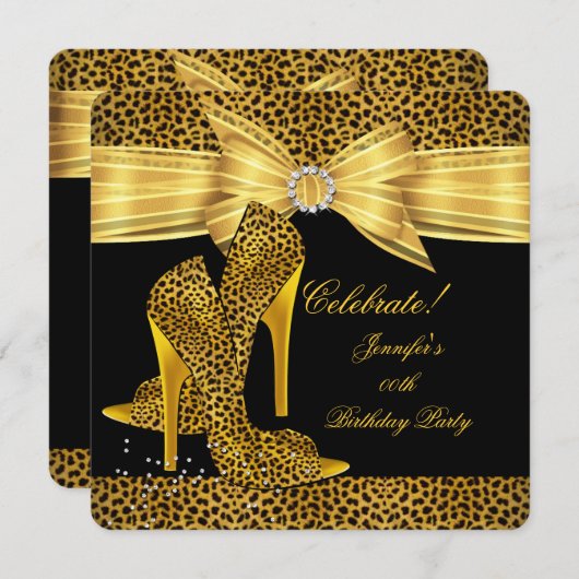 ヒョウハイヒールシューズ金ゴールドブラックバースデーパーティー 招待状 (正面/裏面)
