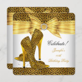 ヒョウハイヒールシューズ金ゴールドホワイトバースデーパーティー 招待状 (正面/裏面)
