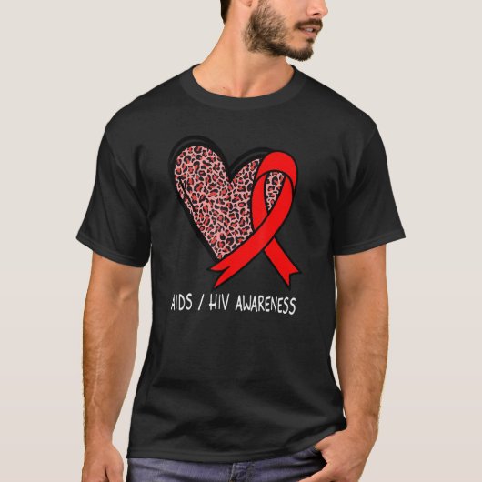 ヒョウハートエイズHIV認識度赤リボン Tシャツ (正面)