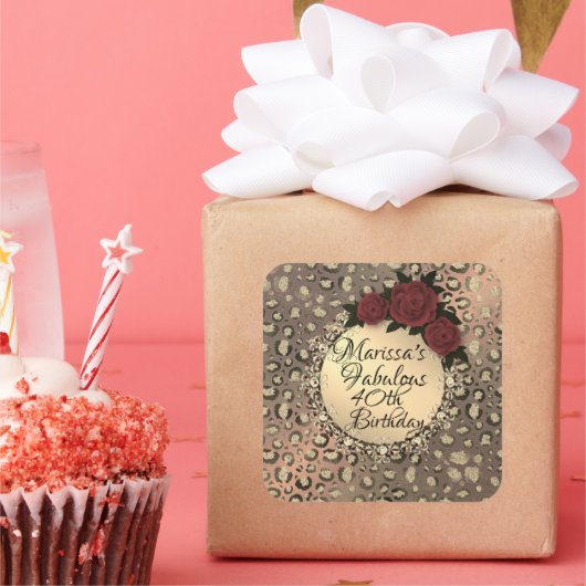 ヒョウパーソナライズされたバラ素晴らしい40歳の誕生日 スクエアシール (パーティー)