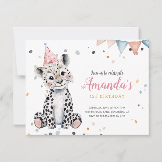 ヒョウパーティー動物ピンク誕生日招待状 ノートカード (正面)