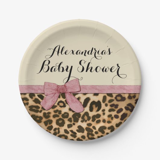 ヒョウファンシーピンクボウガール赤ちゃんシャワー ペーパープレート (正面)