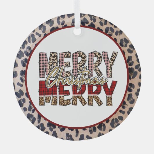 ヒョウメリーと格子柄のプリントとメリークリスマス ガラスオーナメント (正面)