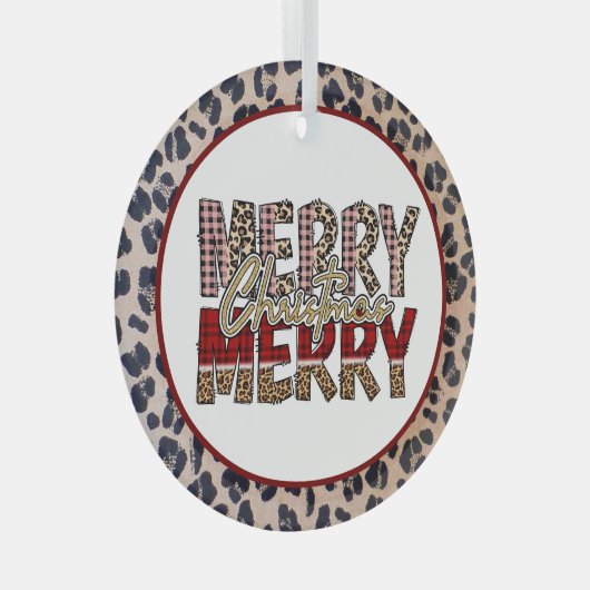 ヒョウメリーと格子柄のプリントとメリークリスマス ガラスオーナメント (正面右)