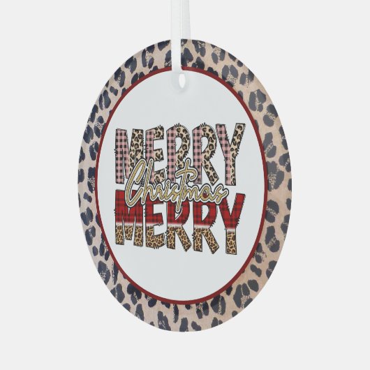 ヒョウメリーと格子柄のプリントとメリークリスマス ガラスオーナメント (正面左)