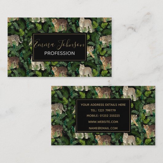 ヒョウモダンタイガースジャングル植物ブラックデザイン 名刺 (正面/裏面)