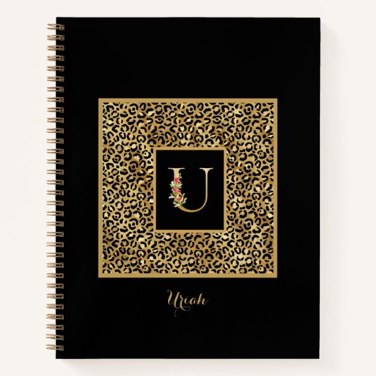 ヒョウモダン金ゴールド個人モノグラム文字U ノートブック (正面)