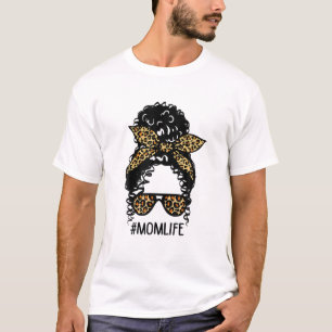 ヒョウ乱雑Bun黒人女性母の生活 Tシャツ