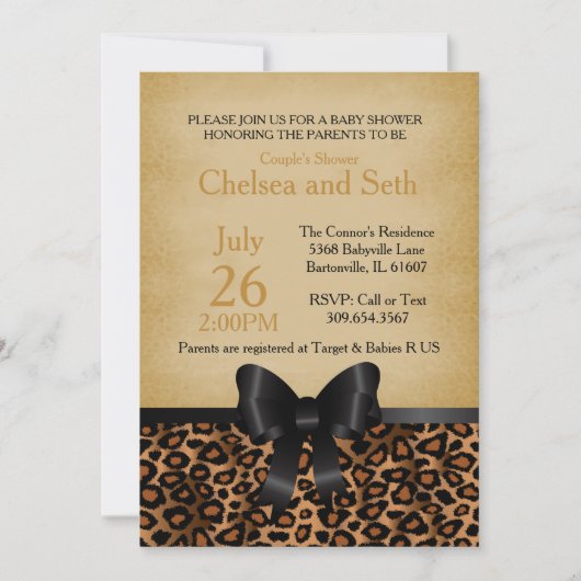 ヒョウ動物の猫のプリント柄|ベビーシャワー 招待状 (正面)