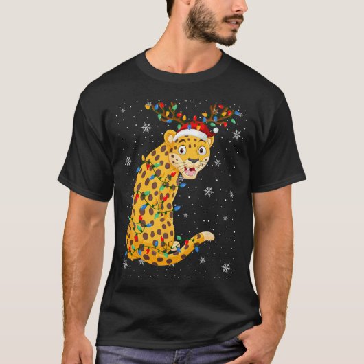 ヒョウ動物サンタハット醜いクリスマスツリーライト Tシャツ (正面)
