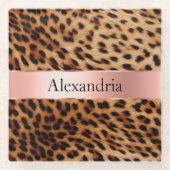 ヒョウ動物バラピンクリボン名 ガラスコースター (正面)