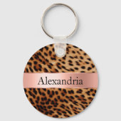 ヒョウ動物バラピンクリボン名 キーホルダー (正面)