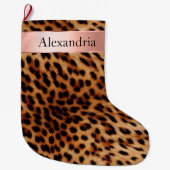 ヒョウ動物バラピンクリボン名 ラージクリスマスストッキング (正面)