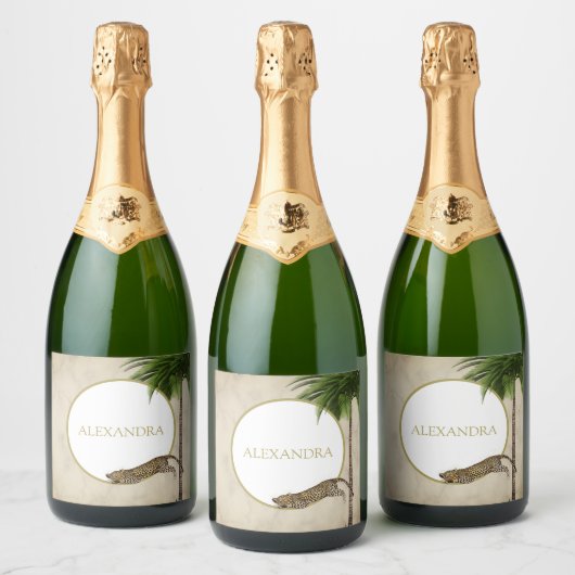 ヒョウ動物柄パームエレガントパーティー スパークリングワインラベル (ボトル)