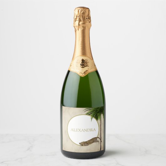 ヒョウ動物柄パームエレガントパーティー スパークリングワインラベル (正面)