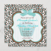 ヒョウ印刷カップケーキティール(緑がかった色)誕生日パーティー招待状 招待状 (正面/裏面)