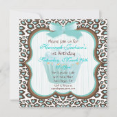 ヒョウ印刷カップケーキティール(緑がかった色)誕生日パーティー招待状 招待状 (正面)